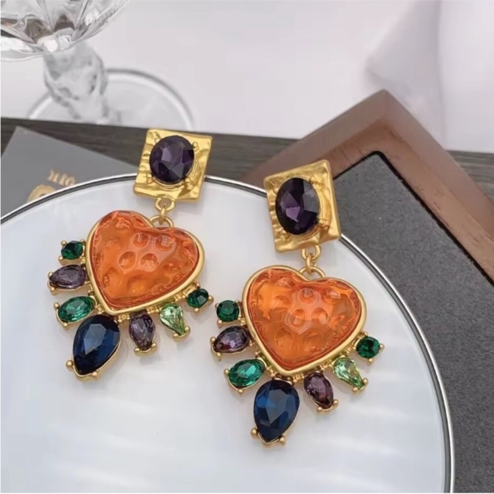 24k Vintage Gold Plated  Multicolor Heart Earrings new